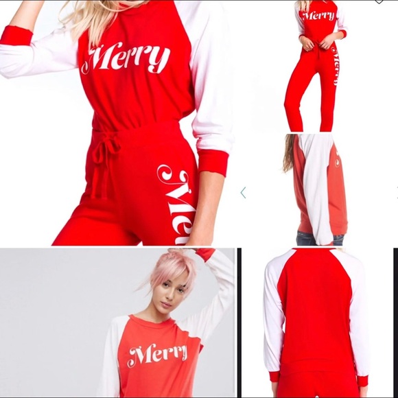 🦊 Wildfox MERRY Jogger Two Pc Set Red & White - Picture 8 of 8